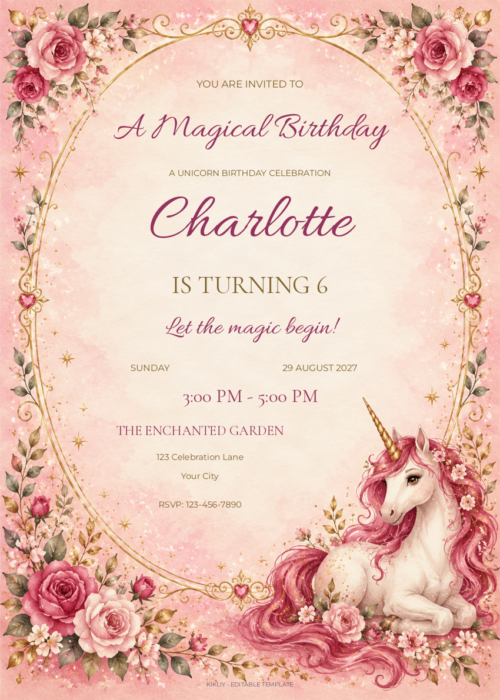 Berry Gold Unicorn birthday invitation with editable sample text.