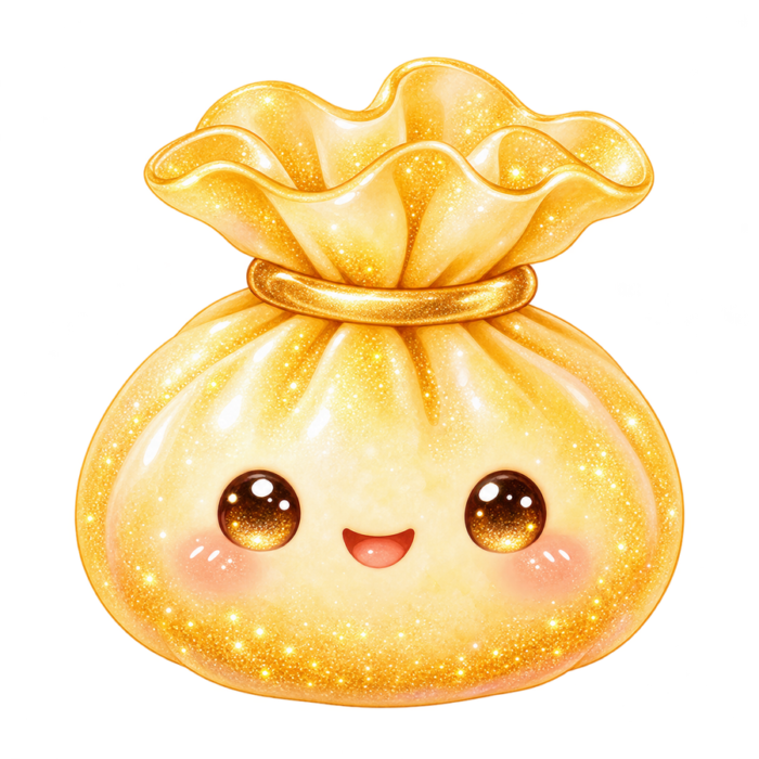Golden Pouch Dumpling kawaii glitter clipart with transparent background