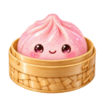 Pink Dumpling in Bamboo Steamer kawaii glitter clipart with transparent background