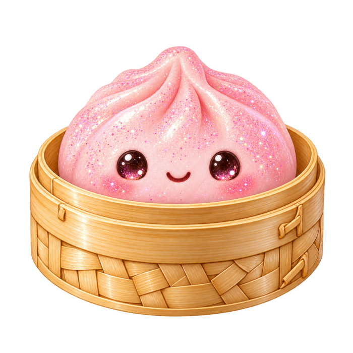 Pink Dumpling in Bamboo Steamer kawaii glitter clipart with transparent background