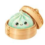Mint Dumpling in Bamboo Steamer kawaii glitter clipart with transparent background