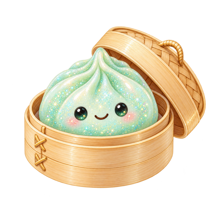 Mint Dumpling in Bamboo Steamer kawaii glitter clipart with transparent background