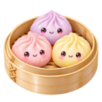 Three Rainbow Dumplings in Bamboo Box kawaii glitter clipart with transparent background