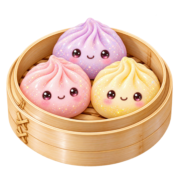 Three Rainbow Dumplings in Bamboo Box kawaii glitter clipart with transparent background