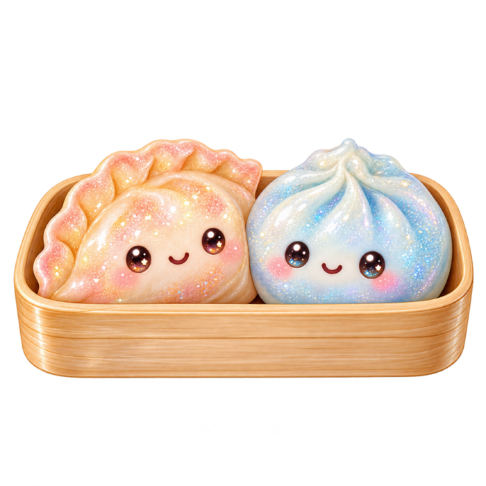 Peach and Blue Dumplings in Box kawaii glitter clipart with transparent background