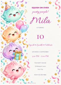 Confetti Dumpling Parade birthday invitation with editable sample text.