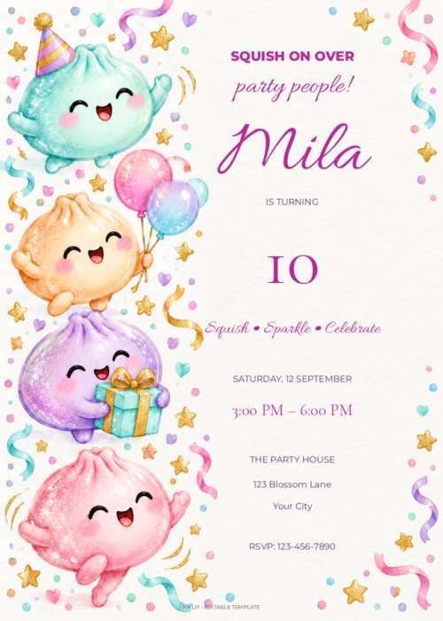 Confetti Dumpling Parade birthday invitation with editable sample text.