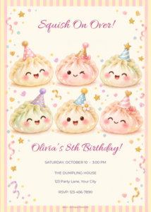 Pastel Dumpling Party birthday invitation with editable sample text.