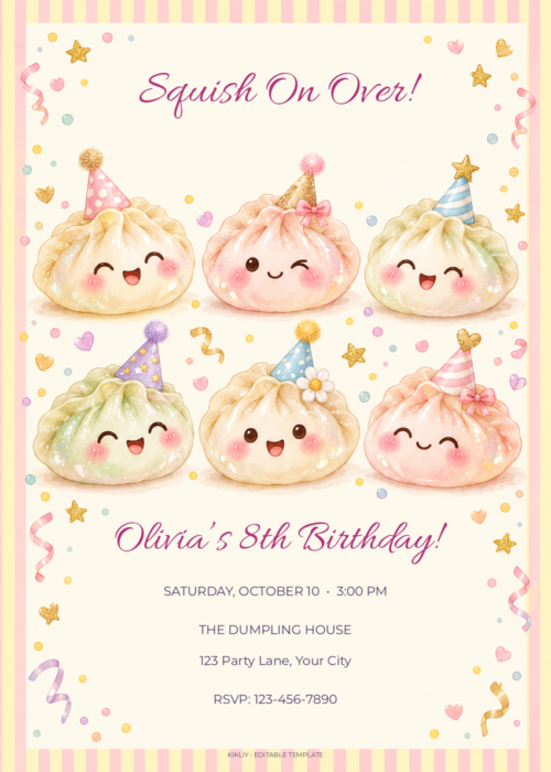 Pastel Dumpling Party birthday invitation with editable sample text.