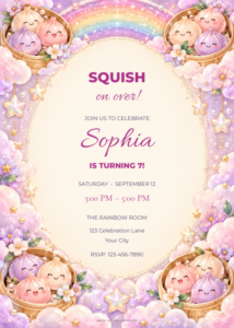 Rainbow Cloud Dumplings birthday invitation with editable sample text.