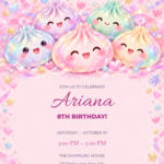 Glitter Dumpling Squad birthday invitation with editable sample text.