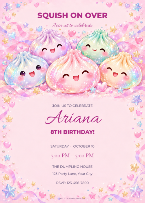 Glitter Dumpling Squad birthday invitation with editable sample text.