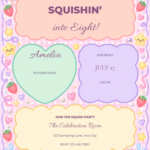 Retro Squishy Party birthday invitation with editable sample text.