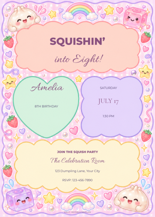 Retro Squishy Party birthday invitation with editable sample text.