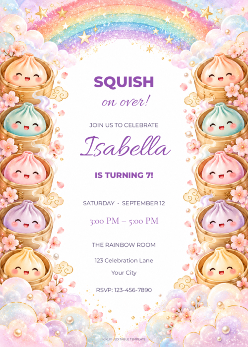 Rainbow Steamer Party birthday invitation with editable sample text.