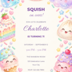 Sweet Squishy Celebration birthday invitation with editable sample text.