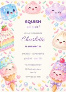 Sweet Squishy Celebration birthday invitation with editable sample text.