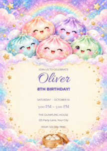 Cosmic Glitter Dumplings birthday invitation with editable sample text.
