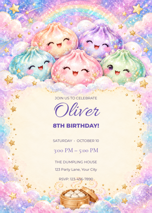 Cosmic Glitter Dumplings birthday invitation with editable sample text.
