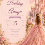 Blush Princess Castle Birthday Invitation with ornate floral artwork and prominent Anaya lettering