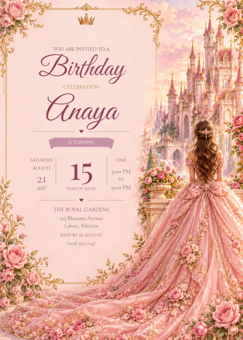 Blush Princess Castle Birthday Invitation with ornate floral artwork and prominent Anaya lettering