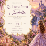 Lavender Castle Quinceañera Invitation with ornate floral artwork and prominent Isabella lettering
