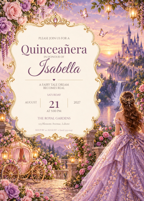Lavender Castle Quinceañera Invitation with ornate floral artwork and prominent Isabella lettering