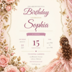 Pink Rose Butterfly Birthday Invitation with ornate floral artwork and prominent Sophia lettering
