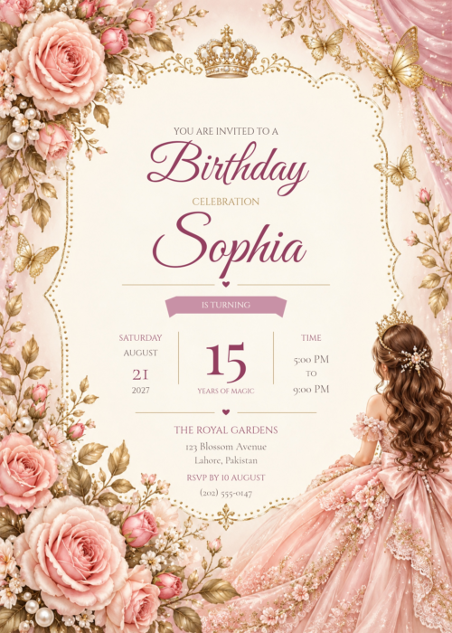 Pink Rose Butterfly Birthday Invitation with ornate floral artwork and prominent Sophia lettering