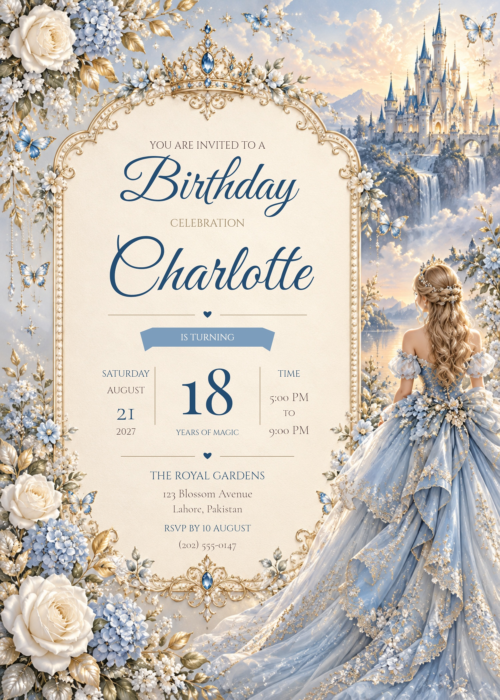 Royal Blue Princess Birthday Invitation with ornate floral artwork and prominent Charlotte lettering