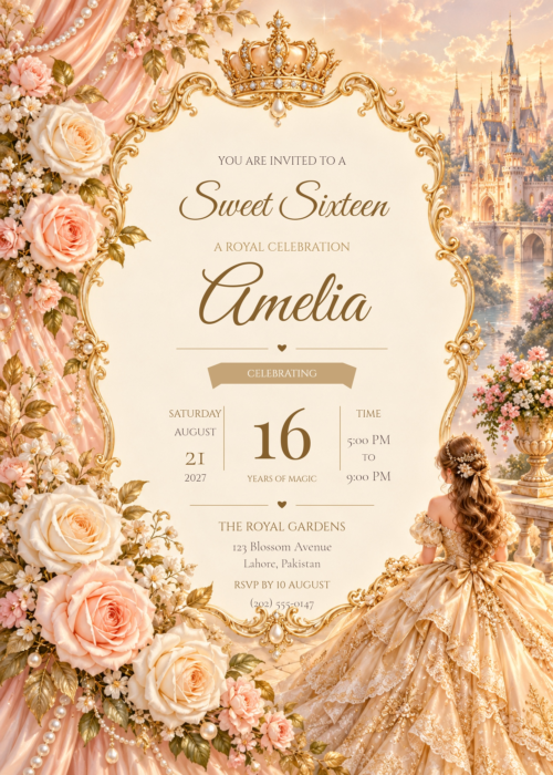 Champagne Royal Sweet Sixteen Invitation with ornate floral artwork and prominent Amelia lettering