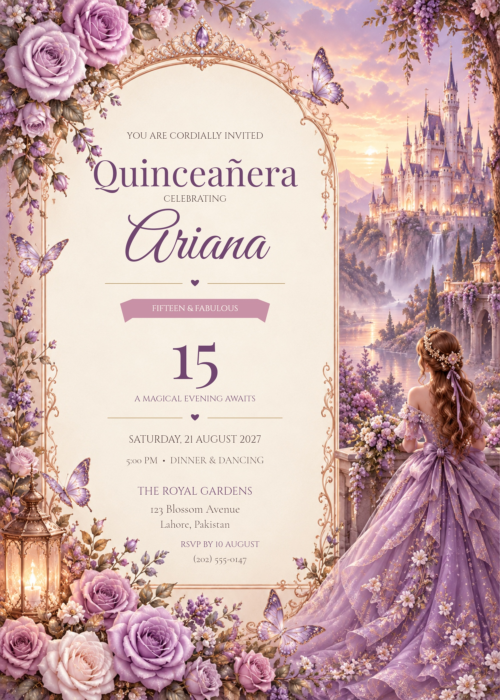 Lilac Butterfly Quinceañera Invitation with ornate floral artwork and prominent Ariana lettering