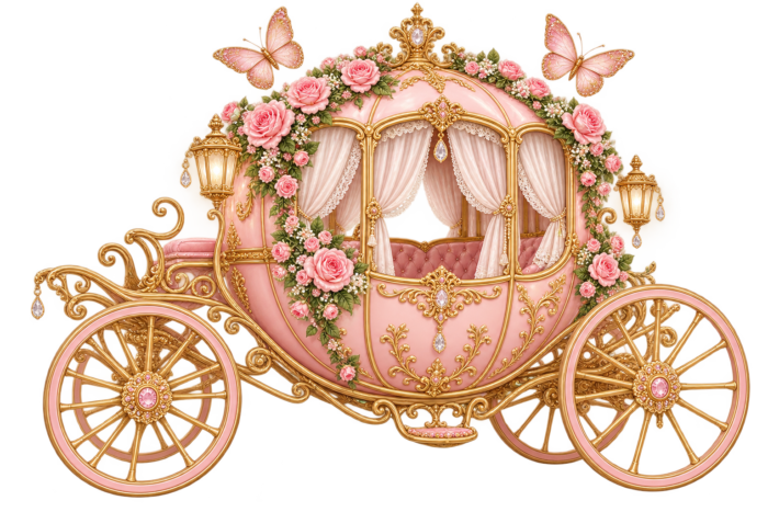 Rose Butterfly Fairytale Carriage PNG with Pink and Gold detailing
