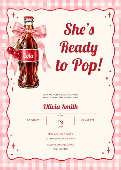Pink Gingham Cola She’s Ready to Pop Baby Shower Invitation with matching soda bottle and bow artwork