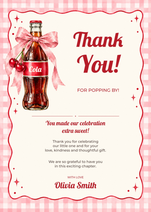 Pink Gingham Cola Ready to Pop Thank You Card with matching soda bottle and bow artwork