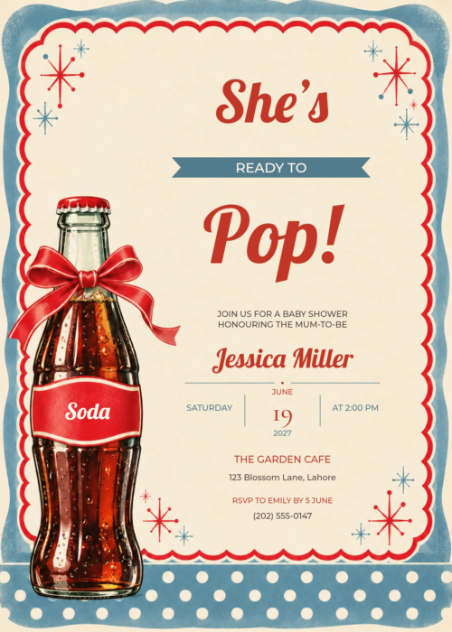 Retro Blue Soda She’s Ready to Pop Baby Shower Invitation with matching soda bottle and bow artwork
