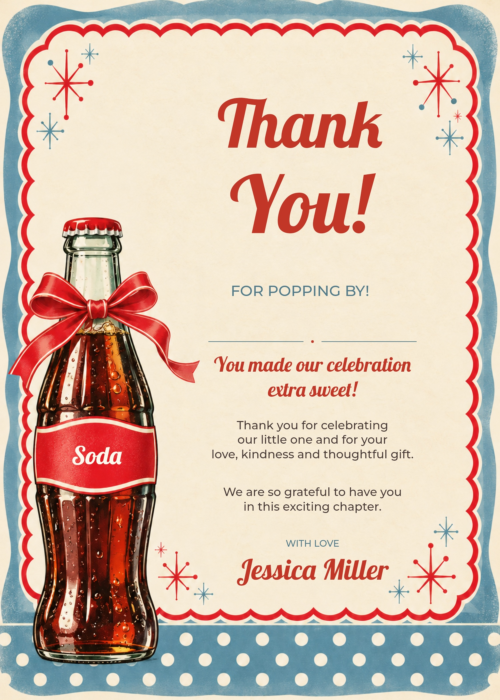 Retro Blue Soda Ready to Pop Thank You Card with matching soda bottle and bow artwork