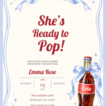 Lavender Stripe Bow She’s Ready to Pop Baby Shower Invitation with matching soda bottle and bow artwork