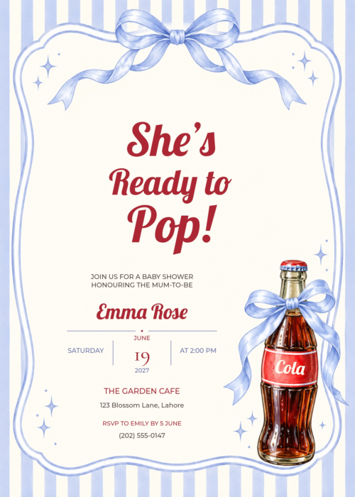 Lavender Stripe Bow She’s Ready to Pop Baby Shower Invitation with matching soda bottle and bow artwork
