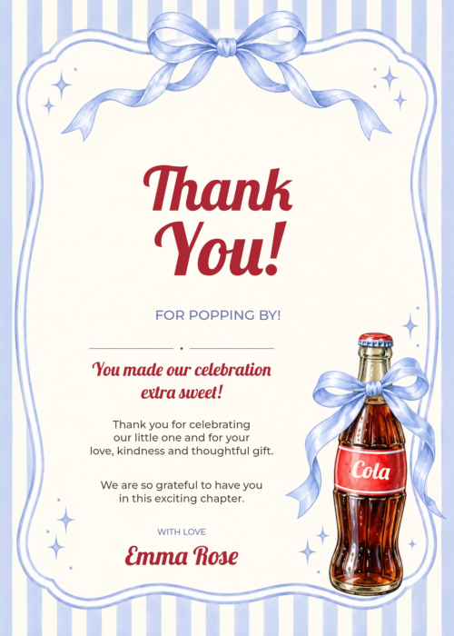 Lavender Stripe Bow Ready to Pop Thank You Card with matching soda bottle and bow artwork