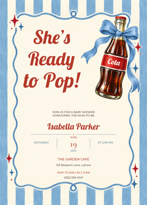 Blue Stripe Cola She’s Ready to Pop Baby Shower Invitation with matching soda bottle and bow artwork