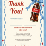Blue Stripe Cola Ready to Pop Thank You Card with matching soda bottle and bow artwork