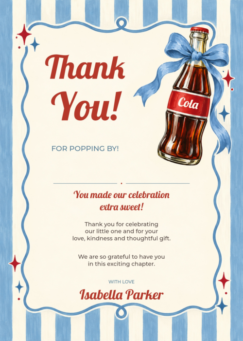 Blue Stripe Cola Ready to Pop Thank You Card with matching soda bottle and bow artwork