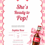 Pink Checker Bow She’s Ready to Pop Baby Shower Invitation with matching soda bottle and bow artwork