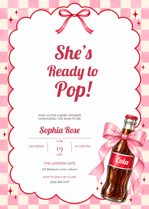 Pink Checker Bow She’s Ready to Pop Baby Shower Invitation with matching soda bottle and bow artwork