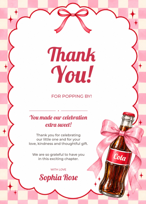 Pink Checker Bow Ready to Pop Thank You Card with matching soda bottle and bow artwork
