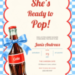Blue Checker Retro She’s Ready to Pop Baby Shower Invitation with matching soda bottle and bow artwork