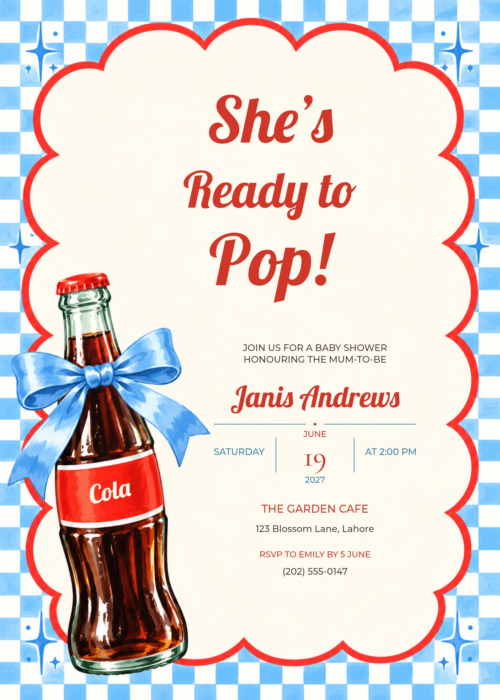 Blue Checker Retro She’s Ready to Pop Baby Shower Invitation with matching soda bottle and bow artwork