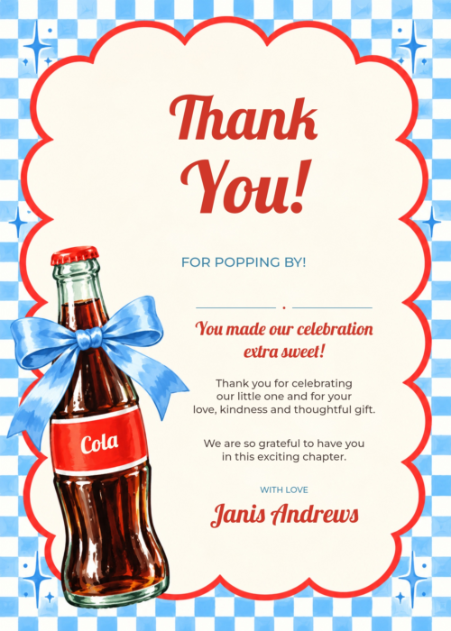 Blue Checker Retro Ready to Pop Thank You Card with matching soda bottle and bow artwork