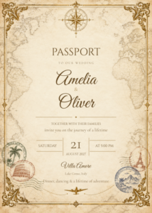 Vintage Passport Wedding Invitation featuring Amelia and Oliver
